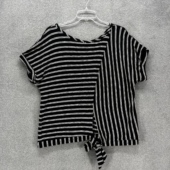 A New Day Top Womens Extra Large Black White Striped Short Sleeve open back tied - Picture 2 of 15